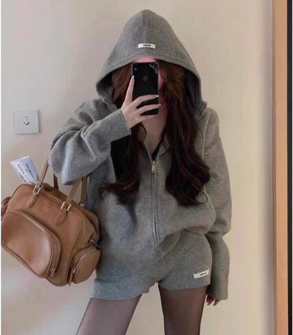 Y2K Vintage Gray Hooded Sweater Autumn and Winter Loose and Lazy Style Knitted Cardigan Zipper Jacket in Saudi Arabia