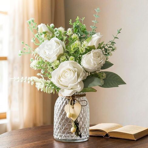 JOHOUSE 12.5inch Artificial Flowers Bulks in Vase, White Fake Roses in Vase Lifelike Faux Flower Arrangement for Wedding Home Table Centerpieces in Saudi Arabia