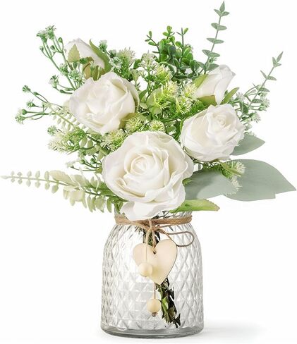 JOHOUSE 12.5inch Artificial Flowers Bulks in Vase, White Fake Roses in Vase Lifelike Faux Flower Arrangement for Wedding Home Table Centerpieces in Saudi Arabia