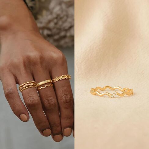 Women 14K Gold Wave Rings Thin Band Simple Stack Finger Jewelry in 3 Size in Saudi Arabia