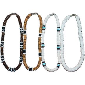 Native Treasure (4 Pack) Mens and Womens Summer Beach Surfer Necklaces From the Philippines, White Ark Shells with Brown and Black Coconut Beads, Mens Summer Necklaces in Kuwait