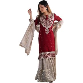 كورتا مستقيمة مطرزة بالترتر من جورجيت الصناعي للسيدات مع بدلة شارارا ومجموعة وشاح in Saudi Arabia