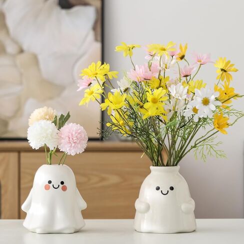 Cute Ghost Vase Ceramic Ghost Bucket Vase, H 5.9" Halloween Vases Ceramic Ghosts Decor for Home Table Desk Bedroom Halloween Decorations, Ceramic Vases for Flowers (A-Matte Finish) in Saudi Arabia