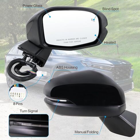 Left Driver Side Mirror Compatible With 2023-2027 Honda CRV CR-V With Power Glass Manual Folding Heated Turn Signal Blind Spot Black Replace#76258-3A0-A91(8Pins) in Saudi Arabia