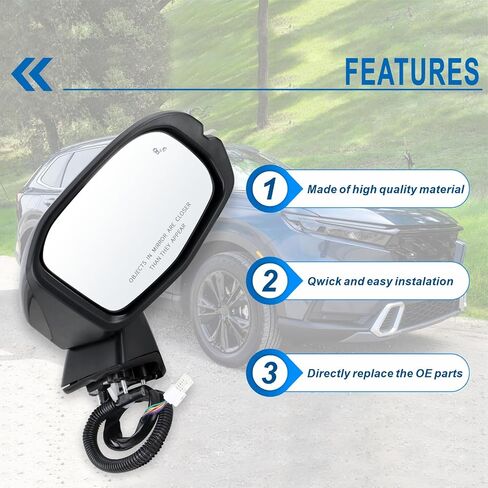 Left Driver Side Mirror Compatible With 2023-2027 Honda CRV CR-V With Power Glass Manual Folding Heated Turn Signal Blind Spot Black Replace#76258-3A0-A91(8Pins) in Saudi Arabia