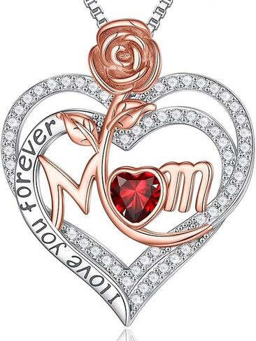 Rose Birthstone Gifts for Mom, S925 Sterling Silver Rose Heart Pendant Birthstone Necklace Mothers Day Valentines Day Christmas Birthday Jewelry Gifts for Mom in Saudi Arabia