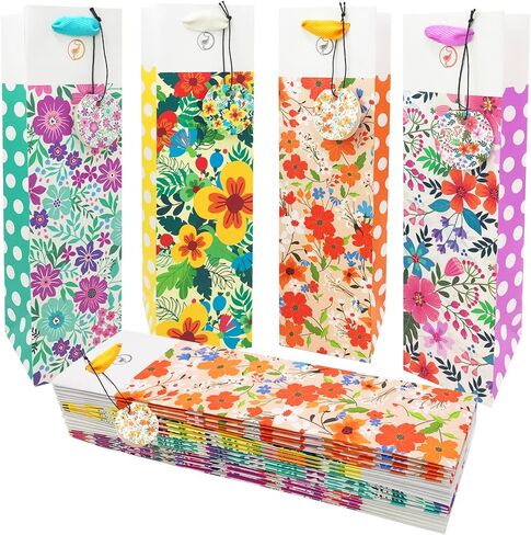 Anzon Mories Color Wine Gift Bags 12-Packs, Single Bottle Carry Bag Bulk with Handle Heavy Weight Paper, 13.7" x 4.5" x 3.5" Perfect for Holiday, Christmas, Birthday, Anniversary, Wedding in Saudi Arabia