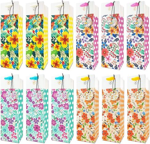 Anzon Mories Color Wine Gift Bags 12-Packs, Single Bottle Carry Bag Bulk with Handle Heavy Weight Paper, 13.7" x 4.5" x 3.5" Perfect for Holiday, Christmas, Birthday, Anniversary, Wedding in Saudi Arabia