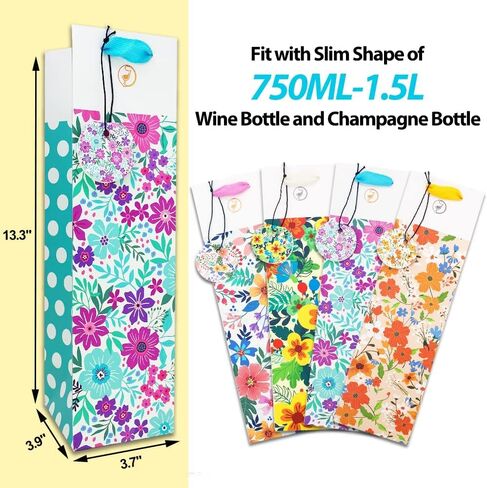 Anzon Mories Color Wine Gift Bags 12-Packs, Single Bottle Carry Bag Bulk with Handle Heavy Weight Paper, 13.7" x 4.5" x 3.5" Perfect for Holiday, Christmas, Birthday, Anniversary, Wedding in Saudi Arabia