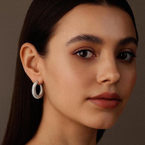 Charmsy Women's 925 Sterling Silver Chunky Hoop Earrings Jewelry | Classic Textured Click-Top Hoops Earring | Silver Hoop Earrings for Women in Saudi Arabia