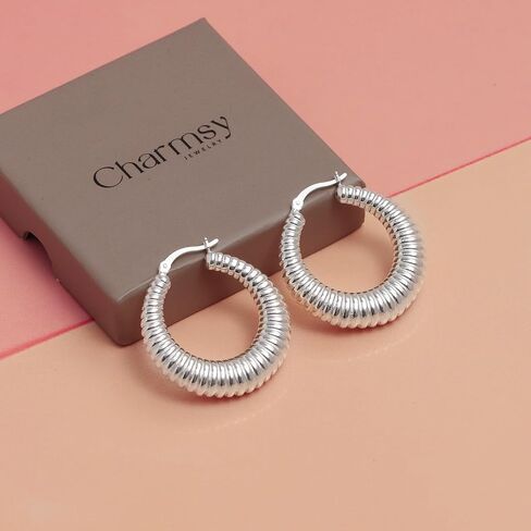 Charmsy Women's 925 Sterling Silver Chunky Hoop Earrings Jewelry | Classic Textured Click-Top Hoops Earring | Silver Hoop Earrings for Women in Saudi Arabia