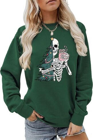سويت شيرت نسائي من Sorta Merry Sorta مخيف للهالوين قميص عيد الميلاد بهيكل عظمي وشجرة جرافيك مرحة على شكل جمجمة in Kuwait
