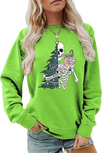 سويت شيرت نسائي من Sorta Merry Sorta مخيف للهالوين قميص عيد الميلاد بهيكل عظمي وشجرة جرافيك مرحة على شكل جمجمة in Kuwait