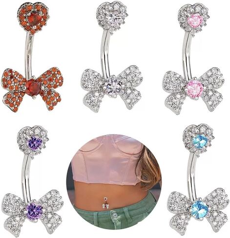 14G حجر الراين Bowknot حلقات زر البطن للنساء لطيف الجراحية الصلب تشيكوسلوفاكيا القلب القوس السرة الدائري 3/8 "10mm الحديد المنحني لذيذ هيئة ثقب المجوهرات in Kuwait