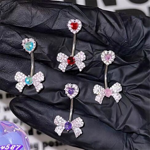 14G حجر الراين Bowknot حلقات زر البطن للنساء لطيف الجراحية الصلب تشيكوسلوفاكيا القلب القوس السرة الدائري 3/8 "10mm الحديد المنحني لذيذ هيئة ثقب المجوهرات in Kuwait