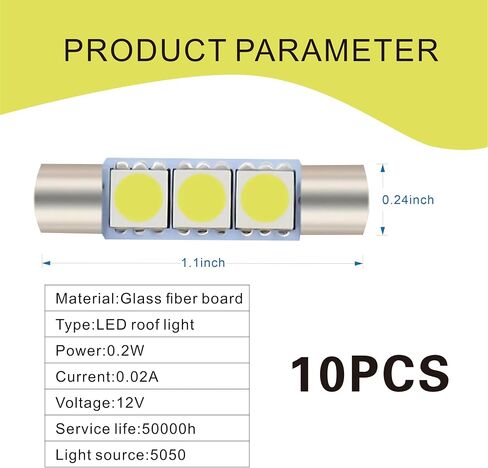 10 قطع T6 5050 مصباح حاجب الشمس LED للسيارة، 28 مم 12 فولت 300LM 6000-6500K مصباح مكياج فائق السطوع مقاوم للماء للقراءة، ملحقات مصباح سقف السيارة GM (أبيض) in Kuwait