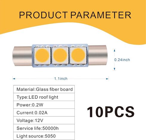 10 قطع T6 5050 مصباح حاجب الشمس LED للسيارة، 28 مم 12 فولت 300LM 6000-6500K مصباح مكياج فائق السطوع مقاوم للماء للقراءة، ملحقات مصباح سقف السيارة GM (أبيض) in Kuwait