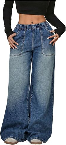 OYOANGLE Women's Elastic Waist Jeans Casual Loose Fit Wide Leg Low-Rise Denim Baggy Jeans with Pocket in Saudi Arabia