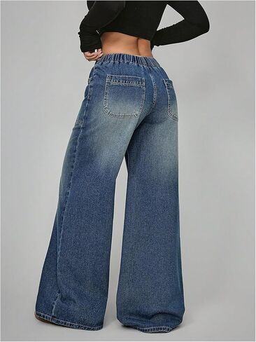 OYOANGLE Women's Elastic Waist Jeans Casual Loose Fit Wide Leg Low-Rise Denim Baggy Jeans with Pocket in Saudi Arabia