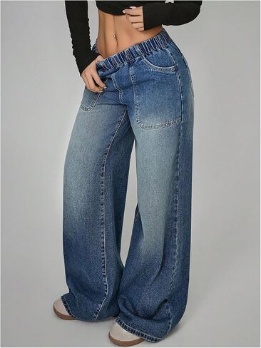 OYOANGLE Women's Elastic Waist Jeans Casual Loose Fit Wide Leg Low-Rise Denim Baggy Jeans with Pocket in Saudi Arabia