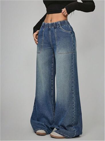 OYOANGLE Women's Elastic Waist Jeans Casual Loose Fit Wide Leg Low-Rise Denim Baggy Jeans with Pocket in Saudi Arabia