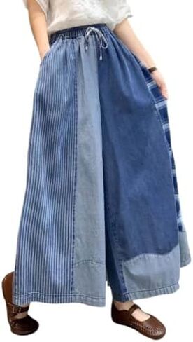 Extra Wide Leg Denim Pants for Women with Embroidery Elastic Band & Drawstring,Fashionable Literary Vibe Dressy Jean in Saudi Arabia