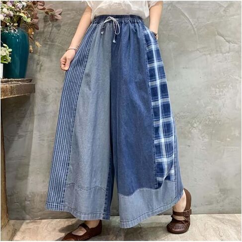 Extra Wide Leg Denim Pants for Women with Embroidery Elastic Band & Drawstring,Fashionable Literary Vibe Dressy Jean in Saudi Arabia