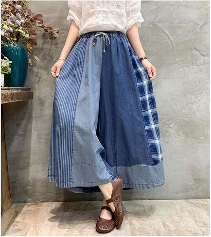 Extra Wide Leg Denim Pants for Women with Embroidery Elastic Band & Drawstring,Fashionable Literary Vibe Dressy Jean in Saudi Arabia