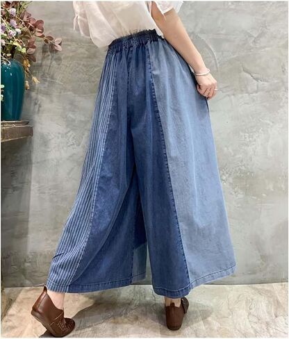 Extra Wide Leg Denim Pants for Women with Embroidery Elastic Band & Drawstring,Fashionable Literary Vibe Dressy Jean in Saudi Arabia