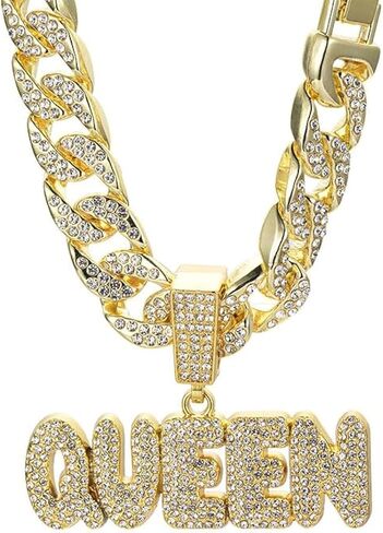 Hip Hop Necklace Full QUEEN Letter Pendant Cuban Necklace Hip Hop Men's and Women's Chain Necklace Length 19.68 inches in Kuwait