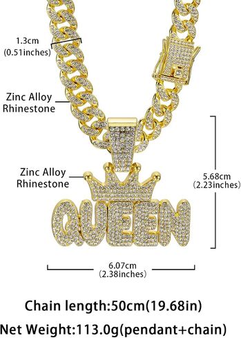 Hip Hop Necklace Full QUEEN Letter Pendant Cuban Necklace Hip Hop Men's and Women's Chain Necklace Length 19.68 inches in Kuwait