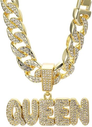 Hip Hop Necklace Full QUEEN Letter Pendant Cuban Necklace Hip Hop Men's and Women's Chain Necklace Length 19.68 inches in Kuwait