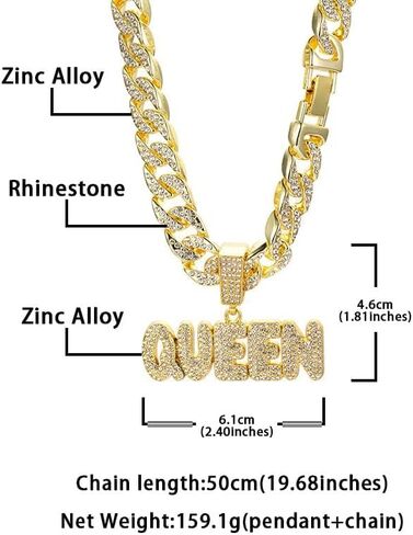 Hip Hop Necklace Full QUEEN Letter Pendant Cuban Necklace Hip Hop Men's and Women's Chain Necklace Length 19.68 inches in Kuwait