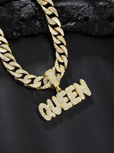 Hip Hop Necklace Full QUEEN Letter Pendant Cuban Necklace Hip Hop Men's and Women's Chain Necklace Length 19.68 inches in Kuwait