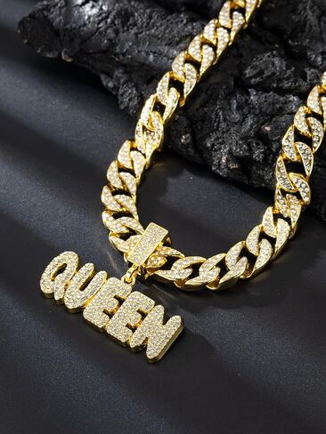 Hip Hop Necklace Full QUEEN Letter Pendant Cuban Necklace Hip Hop Men's and Women's Chain Necklace Length 19.68 inches in Kuwait