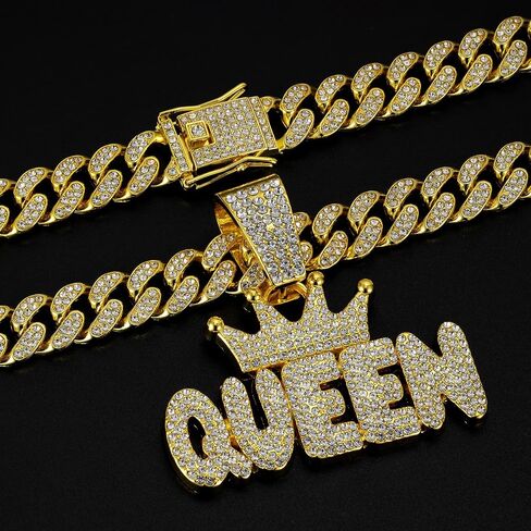 Hip Hop Necklace Full QUEEN Letter Pendant Cuban Necklace Hip Hop Men's and Women's Chain Necklace Length 19.68 inches in Kuwait