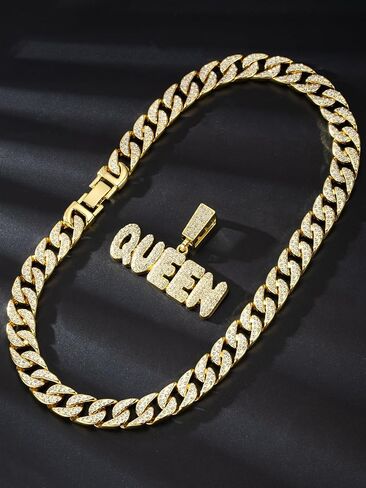 Hip Hop Necklace Full QUEEN Letter Pendant Cuban Necklace Hip Hop Men's and Women's Chain Necklace Length 19.68 inches in Kuwait