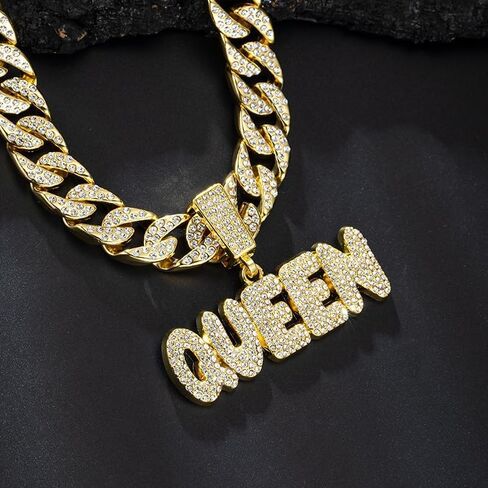 Hip Hop Necklace Full QUEEN Letter Pendant Cuban Necklace Hip Hop Men's and Women's Chain Necklace Length 19.68 inches in Kuwait