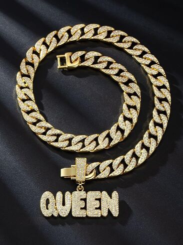 Hip Hop Necklace Full QUEEN Letter Pendant Cuban Necklace Hip Hop Men's and Women's Chain Necklace Length 19.68 inches in Kuwait