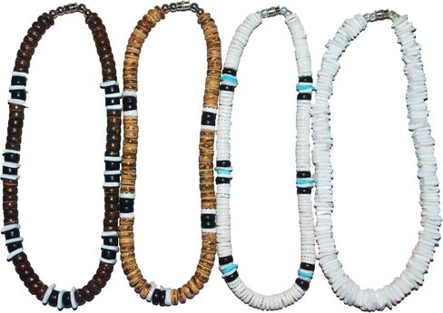 Native Treasure (4 Pack) Mens and Womens Summer Beach Surfer Necklaces From the Philippines, White Ark Shells with Brown and Black Coconut Beads, Mens Summer Necklaces in Saudi Arabia