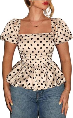 MakeMeChic Women's Satin Polka Dots Puff Sleeve Blouse Square Neck Ruffle Shirred Crop Tops in Saudi Arabia