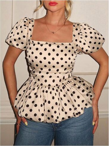 MakeMeChic Women's Satin Polka Dots Puff Sleeve Blouse Square Neck Ruffle Shirred Crop Tops in Saudi Arabia