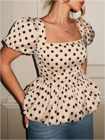 MakeMeChic Women's Satin Polka Dots Puff Sleeve Blouse Square Neck Ruffle Shirred Crop Tops in Saudi Arabia