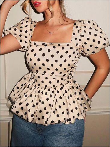 MakeMeChic Women's Satin Polka Dots Puff Sleeve Blouse Square Neck Ruffle Shirred Crop Tops in Saudi Arabia