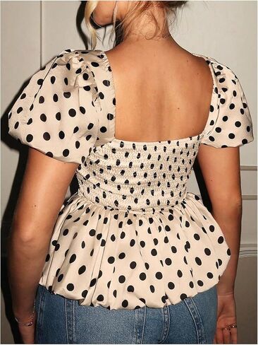 MakeMeChic Women's Satin Polka Dots Puff Sleeve Blouse Square Neck Ruffle Shirred Crop Tops in Saudi Arabia