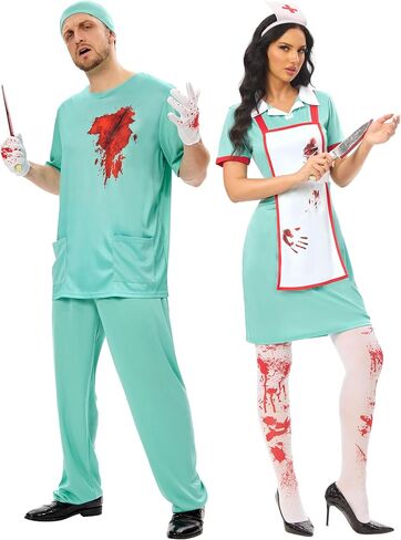 Funnlot Couples Halloween Costumes - Halloween Bloody Doctor Adult Nurse Costumes Matching Couples Halloween Costumes in Saudi Arabia