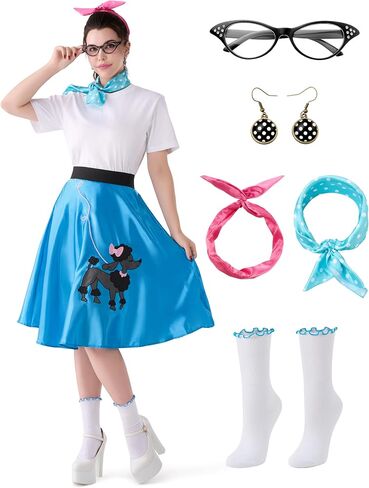Spooktacular Creations Halloween 6Pcs 1950s Outfits for Women، تنانير القلطي للنساء 50s مجموعة أزياء مع جوارب للحفلات التنكرية in Saudi Arabia