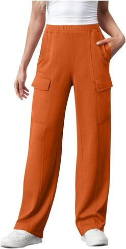 بنطلون رياضي نسائي للركض مع جيوب سروال رياضي عالي الخصر واسع الساق غير رسمي مكبل من الأسفل in Kuwait