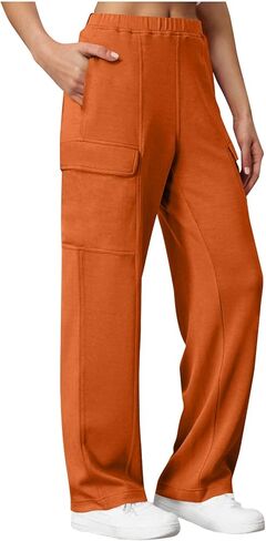 بنطلون رياضي نسائي للركض مع جيوب سروال رياضي عالي الخصر واسع الساق غير رسمي مكبل من الأسفل in Kuwait