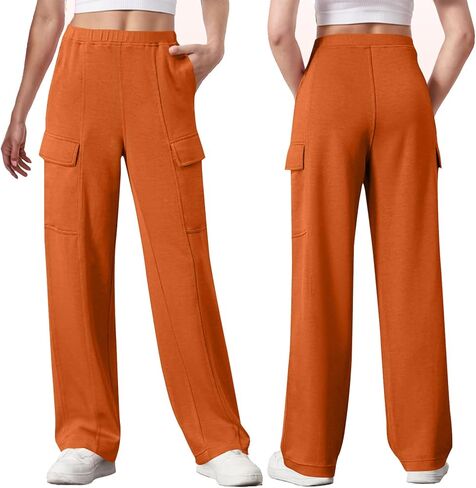 بنطلون رياضي نسائي للركض مع جيوب سروال رياضي عالي الخصر واسع الساق غير رسمي مكبل من الأسفل in Kuwait